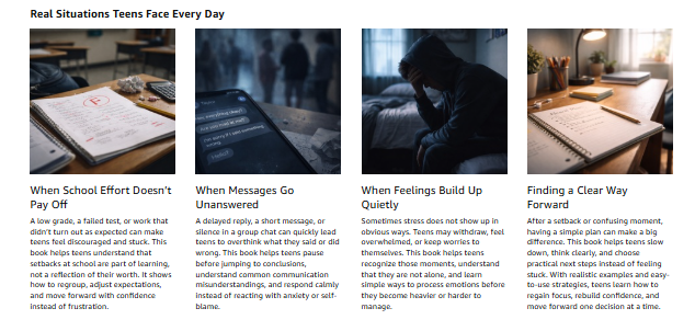 Teen Life Skills A+ Content example with four text-heavy modules and small photos, before redesign.