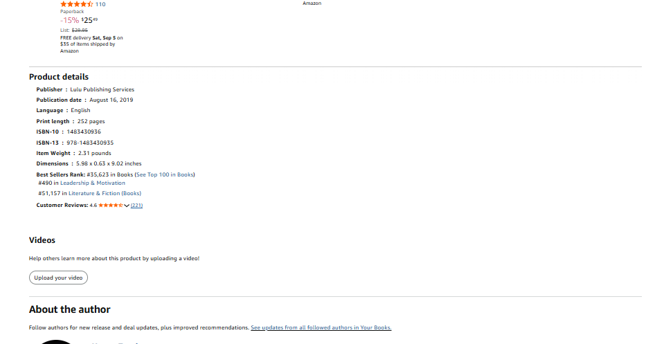 Amazon book listing with product details and no A+ Content section.