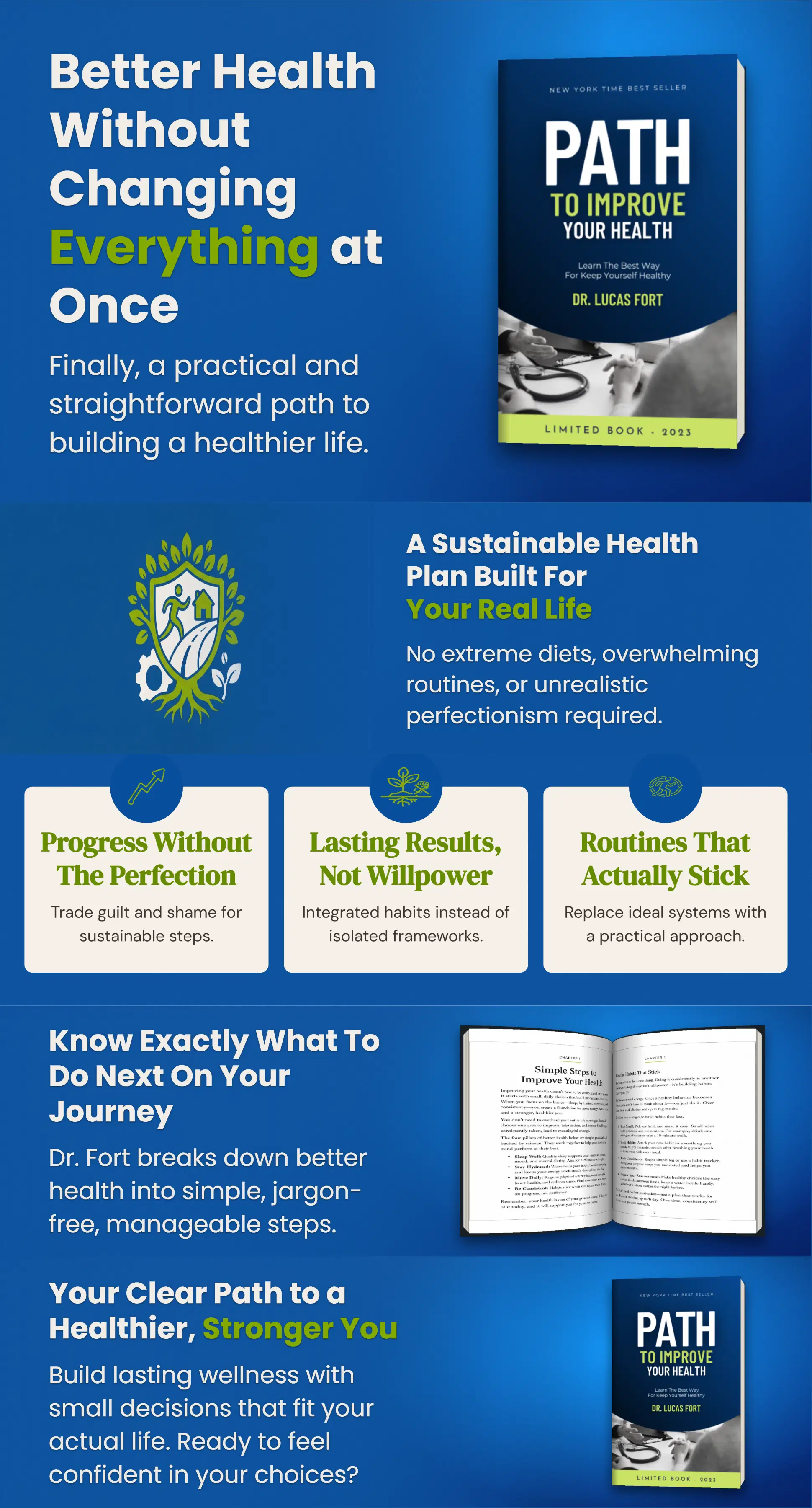 Five coordinated A+ Content modules for Path to Improve Your Health, with a blue health-themed design and sample interior pages.