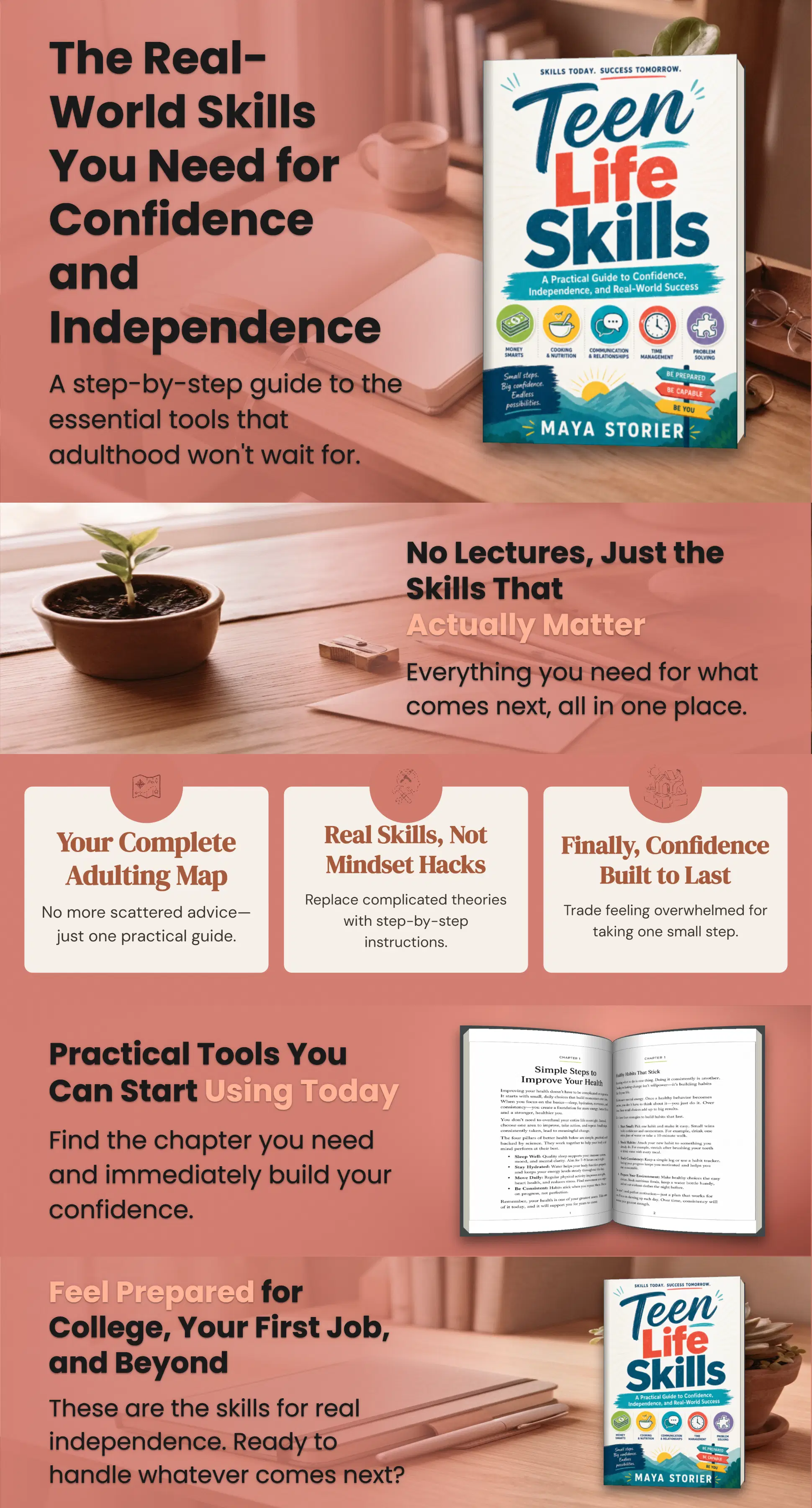Five coordinated illustrated A+ Content modules for Teen Life Skills, including a book introduction, reader benefits, and interior-page preview.